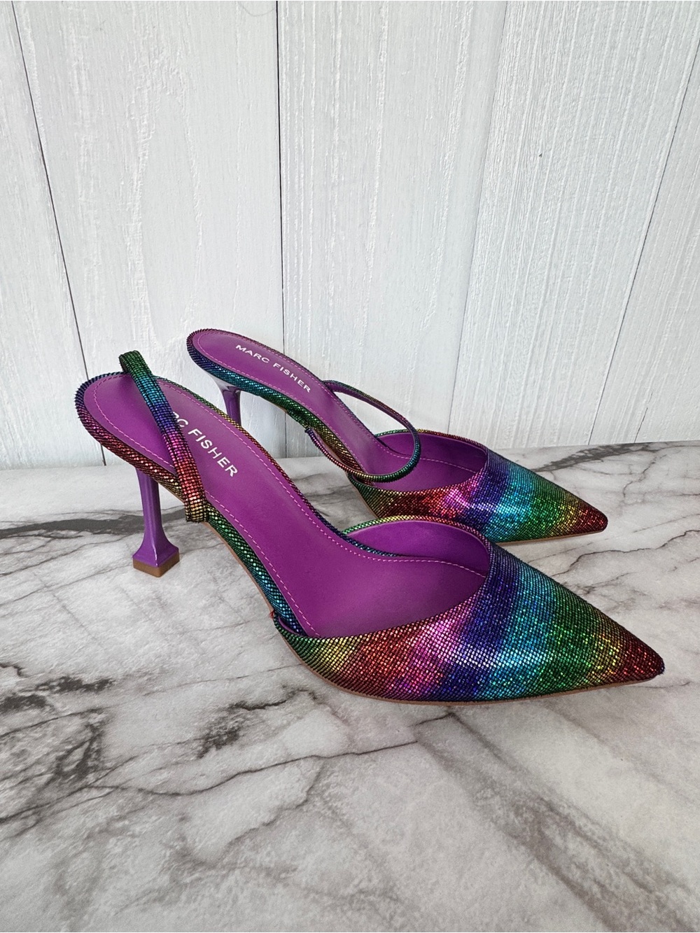 Marc Fisher Multicolor Iridescent Pointed Slingback Heels - Rainbow 7.5